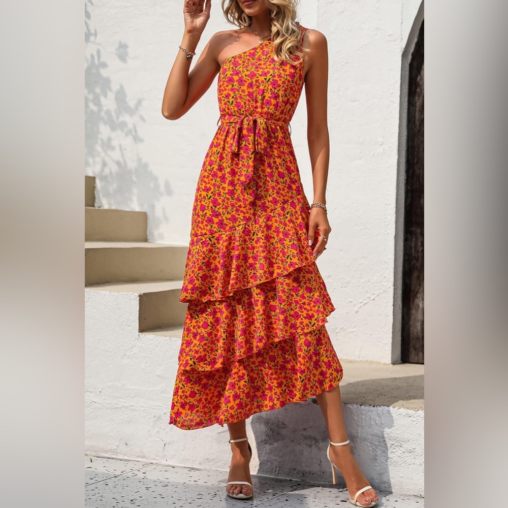 NWT‎ PrettyGarden Sz XL One Shoulder Dress Ruffle Tie